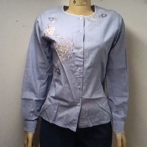 Vintage Bill Blass Denim Embroidered button down long sleeve top blouse - Picture 1 of 12